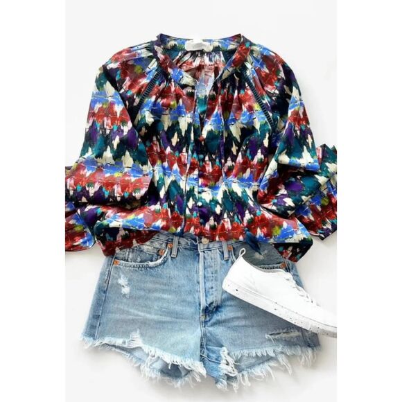 ALLISON NEW YORK Multi Zig Zag Print Brielle Boho Tassel Tie Peasant Top, Sz M - Picture 1 of 15